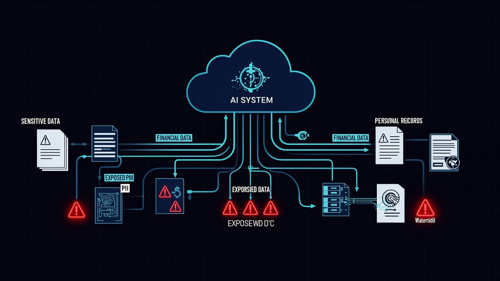 Diagram showing sensitive data flowing uncontrolled into AI systems